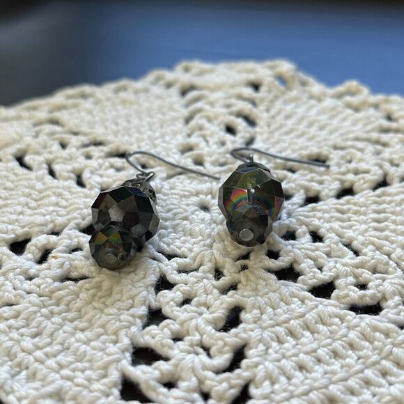 Handmade Glass Bead Earrings 1.5in Hooks Black Coated Beads Dark Silver Tone - Picture 7 of 14
